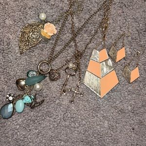 Bundle of necklaces and a matching set of earrings